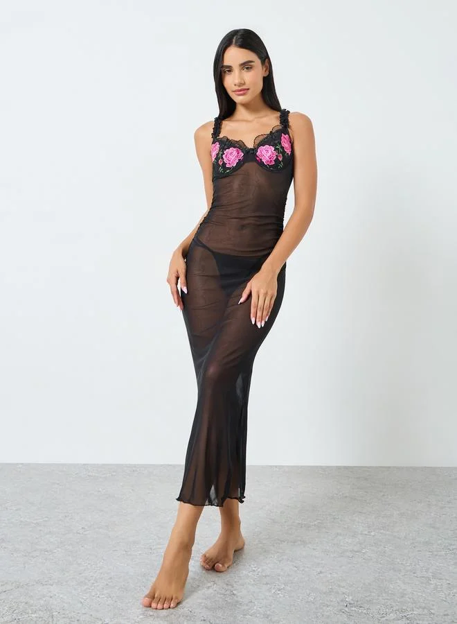 Styli Embroidered Underwired Ruched Maxi Slip with Ruffle Detail and Briefs