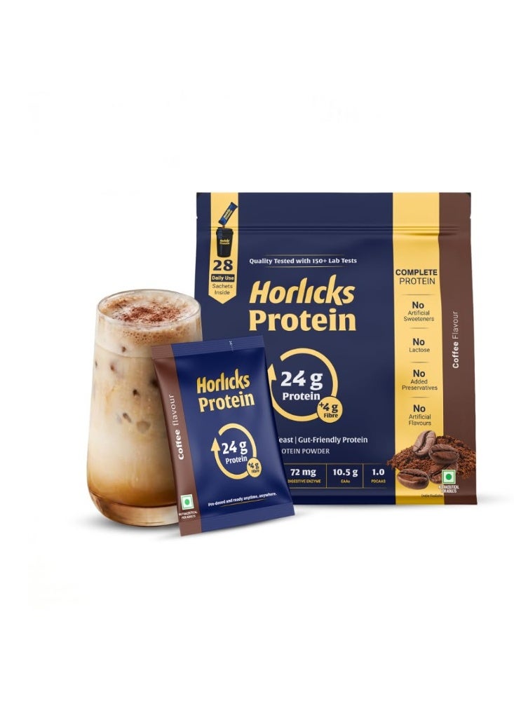 Horlicks Protein Powder 1 Kg Pack | 24g Protein, 4g Fibre per serve | Coffee Flavour | 28 Daily Use Sachets | Fermented Yeast Isolate | Gut-Friendly Protein | Complete | For Men & Women - Image 1