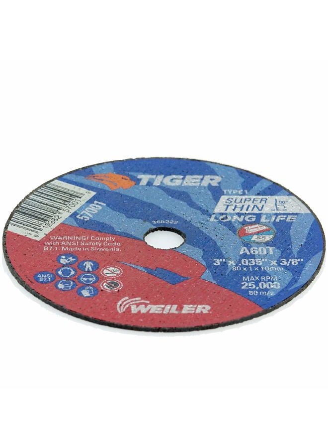 WEILER 57001 3" x 0.035" Tiger Type 1 Thin Cutting Wheel, A60T, 3/8" A.H. (Pack of 100) - Image 2