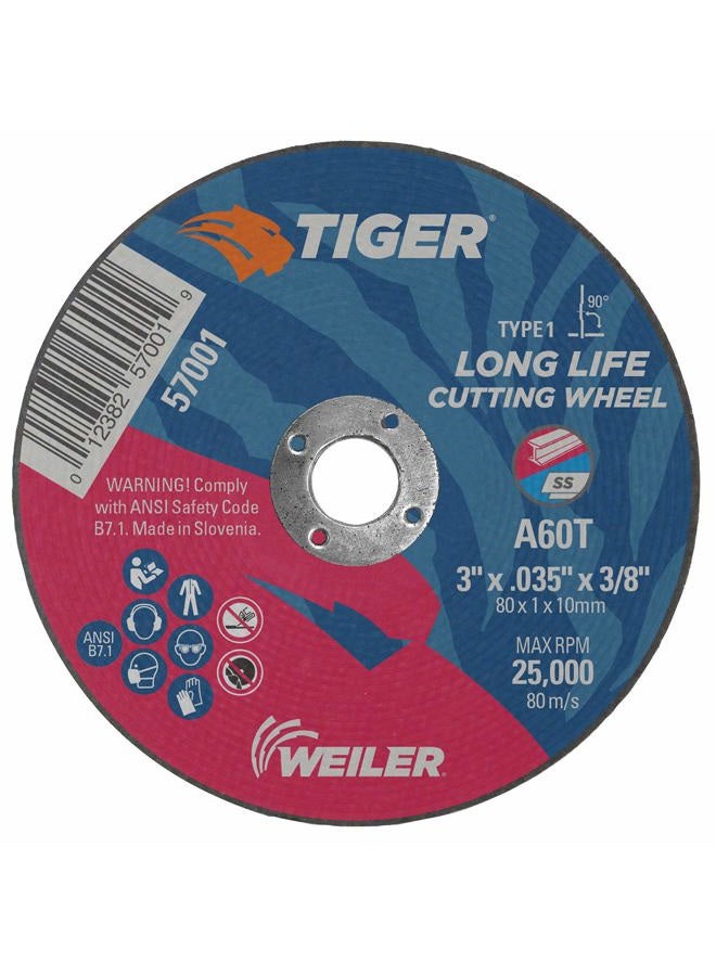 WEILER 57001 3" x 0.035" Tiger Type 1 Thin Cutting Wheel, A60T, 3/8" A.H. (Pack of 100) - Image 1