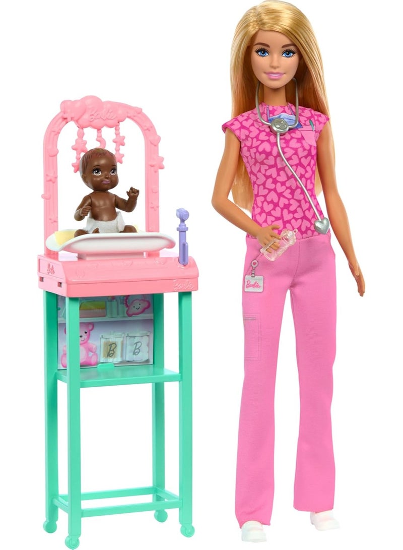 Barbie Baby Doctor Doll with Blonde Fashion Wearing Pink Scrubs, with Accessories & Furniture - Image 1