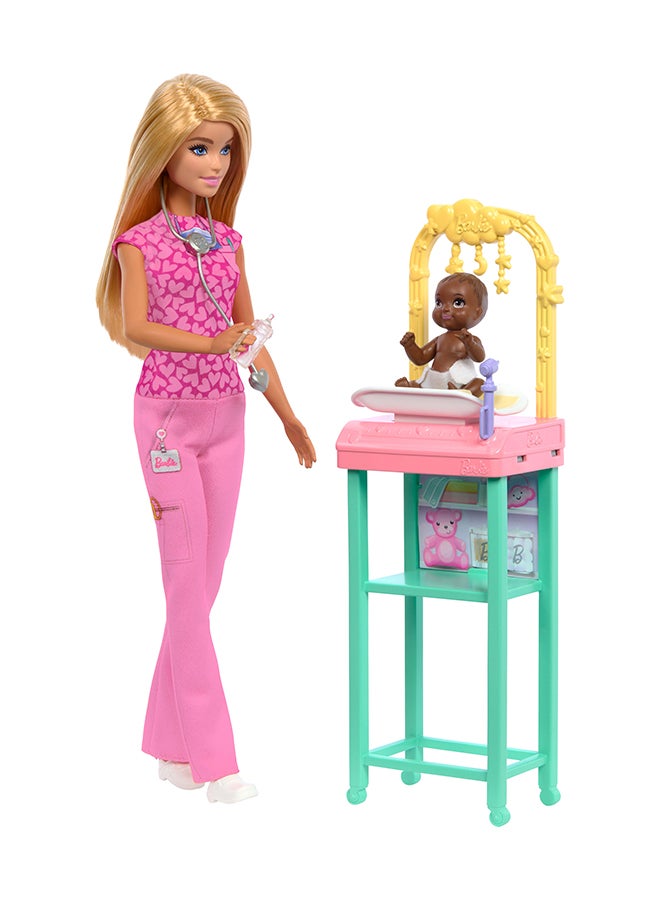 Barbie Baby Doctor Doll with Blonde Fashion Wearing Pink Scrubs, with Accessories & Furniture - Image 2