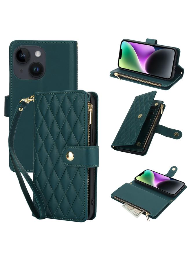 S-TOP Case For iPhone 13 YM016 Rhombic Zipper Card Wallet Leather Phone Case with Lanyard - Image 1