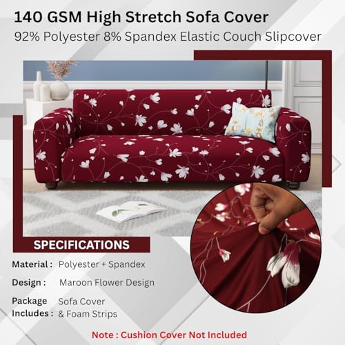Lukzer 3 Seater Maroon Flower Universal Sofa Cover | 360° Fully Covered Anti-Slip Washable Couch Cover Protector | 140 GSM Stretch Fit Polyester + Spandex Slipcover (180-230cm/SC-009-03) - Image 5