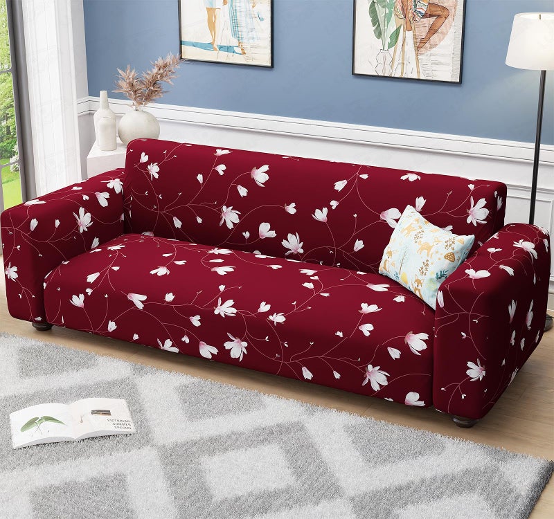 Lukzer 3 Seater Maroon Flower Universal Sofa Cover | 360° Fully Covered Anti-Slip Washable Couch Cover Protector | 140 GSM Stretch Fit Polyester + Spandex Slipcover (180-230cm/SC-009-03) - Image 1