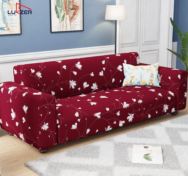 Lukzer 3 Seater Maroon Flower Universal Sofa Cover | 360° Fully Covered Anti-Slip Washable Couch Cover Protector | 140 GSM Stretch Fit Polyester + Spandex Slipcover (180-230cm/SC-009-03) - Image 4