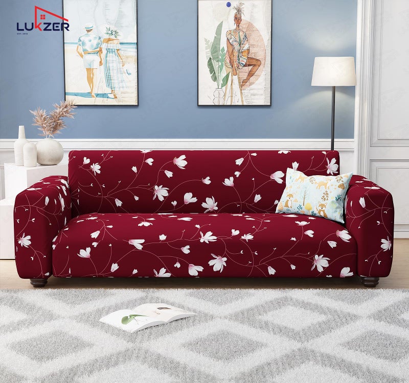 Lukzer 3 Seater Maroon Flower Universal Sofa Cover | 360° Fully Covered Anti-Slip Washable Couch Cover Protector | 140 GSM Stretch Fit Polyester + Spandex Slipcover (180-230cm/SC-009-03) - Image 3
