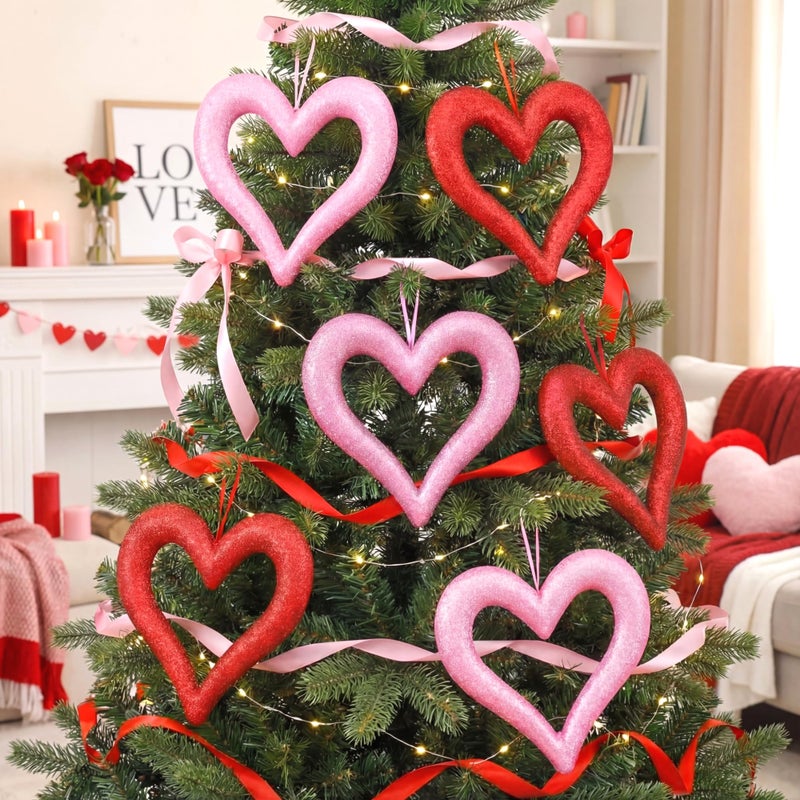 Lineshading 4 Pack Large Valentine's Day Heart Ornaments for Tree 8 Inch Red Pink Glitter Heart Ornaments Valentines Wreaths Foam Hang Valentines Decoration for Front Door Holiday Wedding Anniversary - Image 5