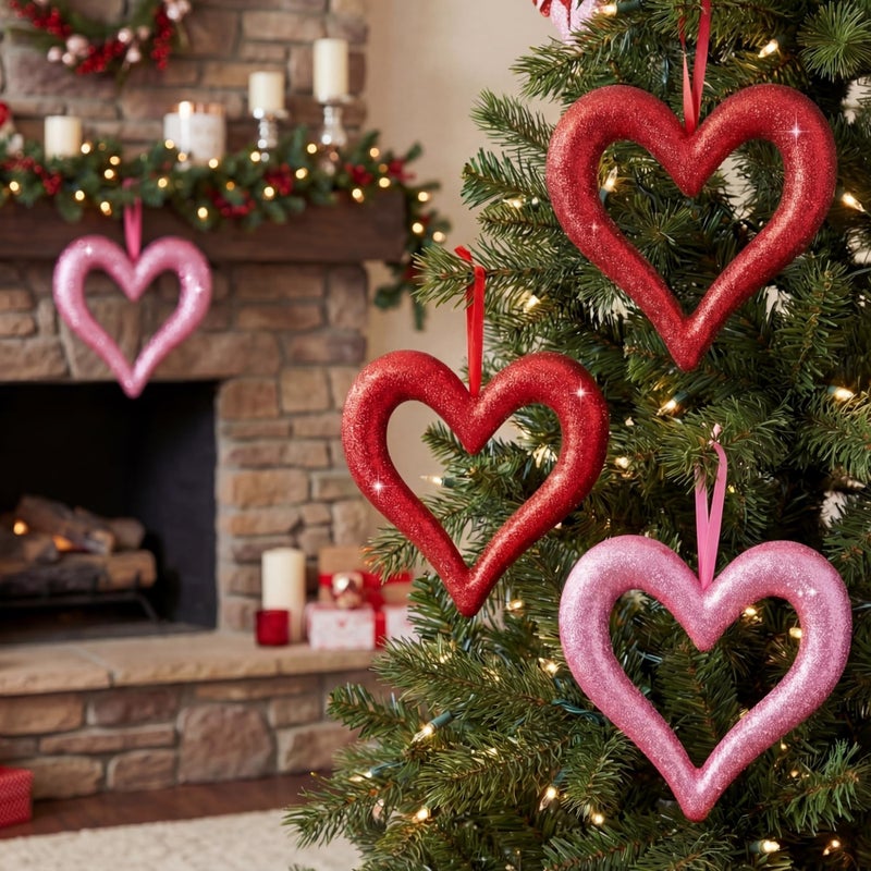 Lineshading 4 Pack Large Valentine's Day Heart Ornaments for Tree 8 Inch Red Pink Glitter Heart Ornaments Valentines Wreaths Foam Hang Valentines Decoration for Front Door Holiday Wedding Anniversary - Image 3
