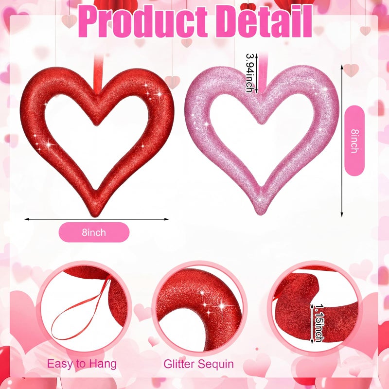 Lineshading 4 Pack Large Valentine's Day Heart Ornaments for Tree 8 Inch Red Pink Glitter Heart Ornaments Valentines Wreaths Foam Hang Valentines Decoration for Front Door Holiday Wedding Anniversary - Image 2
