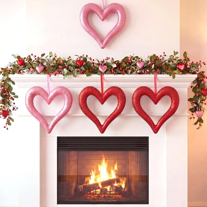 Lineshading 4 Pack Large Valentine's Day Heart Ornaments for Tree 8 Inch Red Pink Glitter Heart Ornaments Valentines Wreaths Foam Hang Valentines Decoration for Front Door Holiday Wedding Anniversary - Image 4