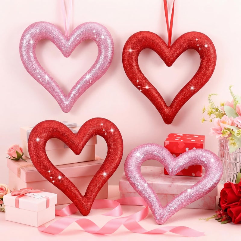 Lineshading 4 Pack Large Valentine's Day Heart Ornaments for Tree 8 Inch Red Pink Glitter Heart Ornaments Valentines Wreaths Foam Hang Valentines Decoration for Front Door Holiday Wedding Anniversary - Image 1