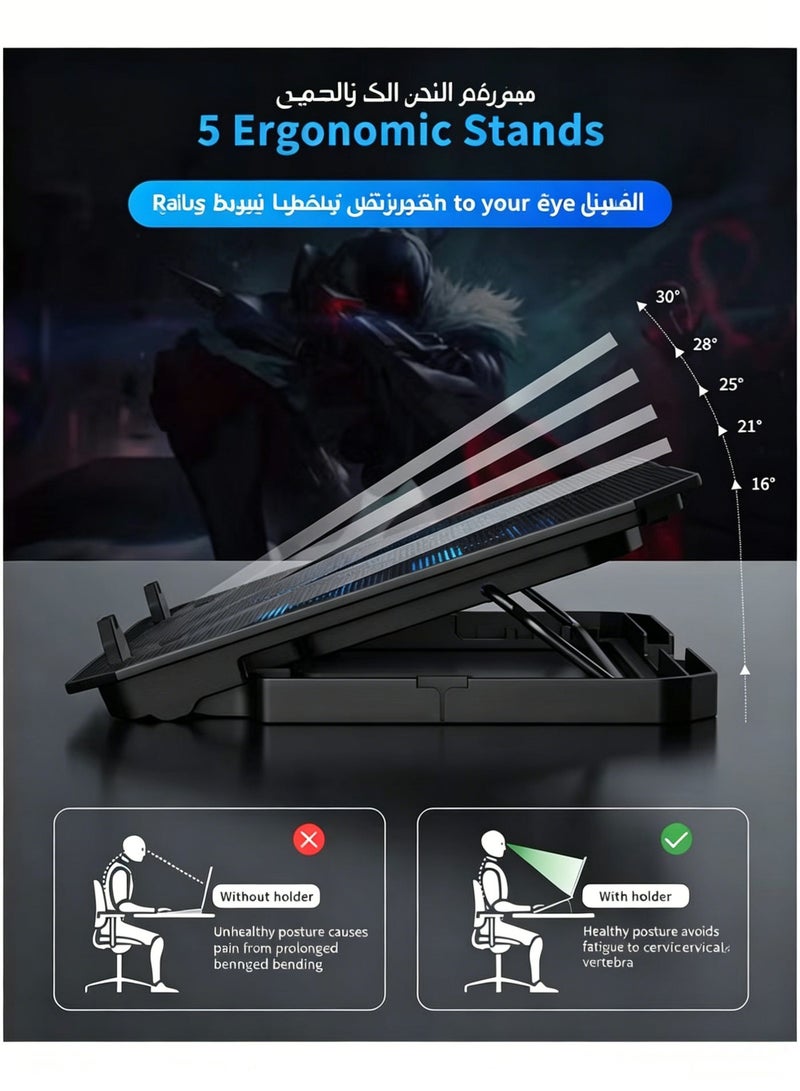 Laptop Cooling Pad with 6 Fans, Adjustable Ergonomic Laptop Stand with Phone Holder, Dual USB Ports, Ultra Quiet Cooler for 12-17 Inch Laptops, Ideal for Gaming & Work in Saudi Arabia - Image 5