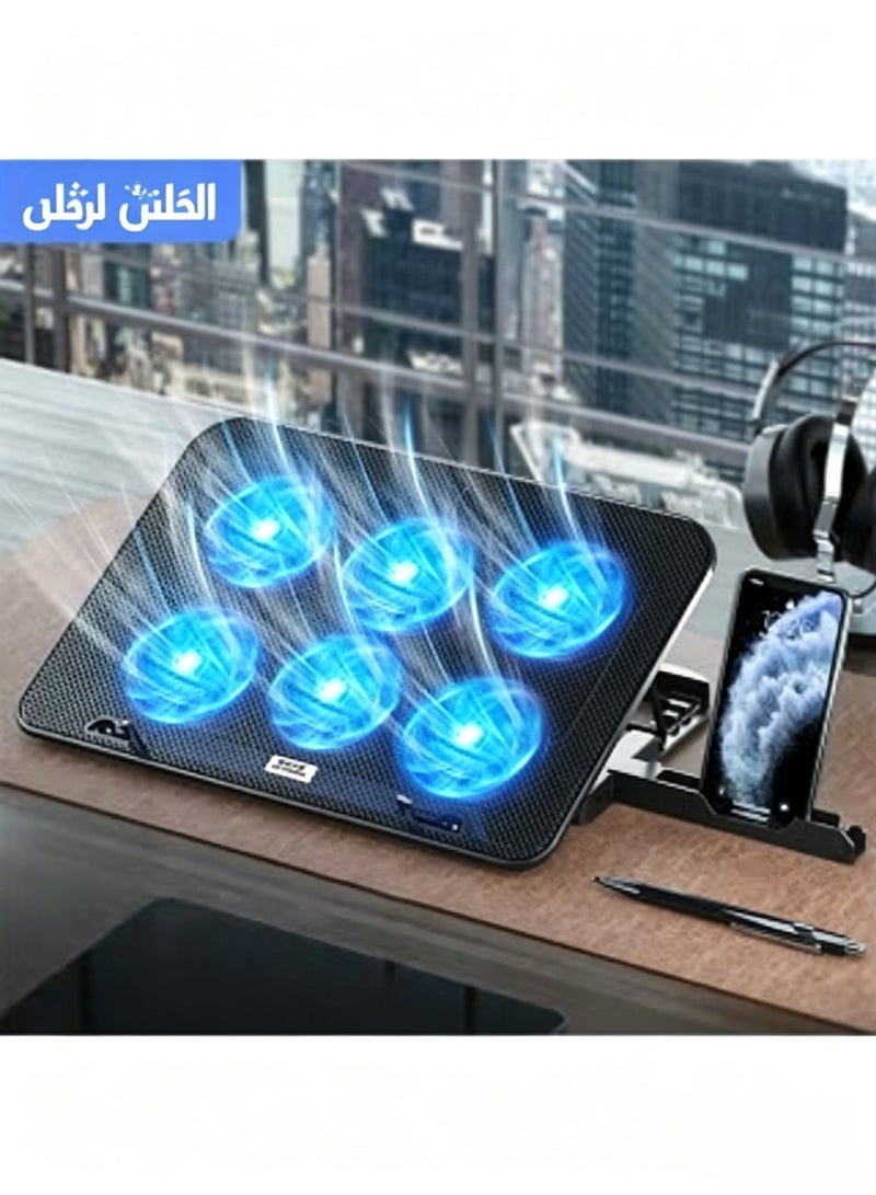 Laptop Cooling Pad with 6 Fans, Adjustable Ergonomic Laptop Stand with Phone Holder, Dual USB Ports, Ultra Quiet Cooler for 12-17 Inch Laptops, Ideal for Gaming & Work in Saudi Arabia - Image 1