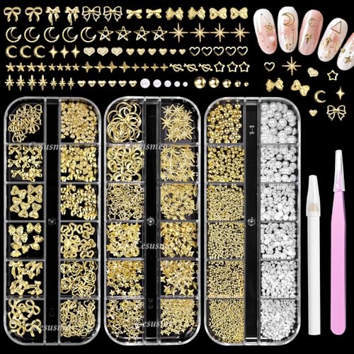 CESUSME Gold Nail Charms Pearls, Heart Bow Nail Art Charms, Metal Cross Star Moon Nails Studs, Half Round Flatback Nail Pearls Charms, Caviar Nails Beads Charms for Nails Design DIY Craft - Image 1