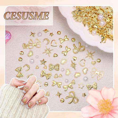CESUSME Gold Nail Charms Pearls, Heart Bow Nail Art Charms, Metal Cross Star Moon Nails Studs, Half Round Flatback Nail Pearls Charms, Caviar Nails Beads Charms for Nails Design DIY Craft - Image 5