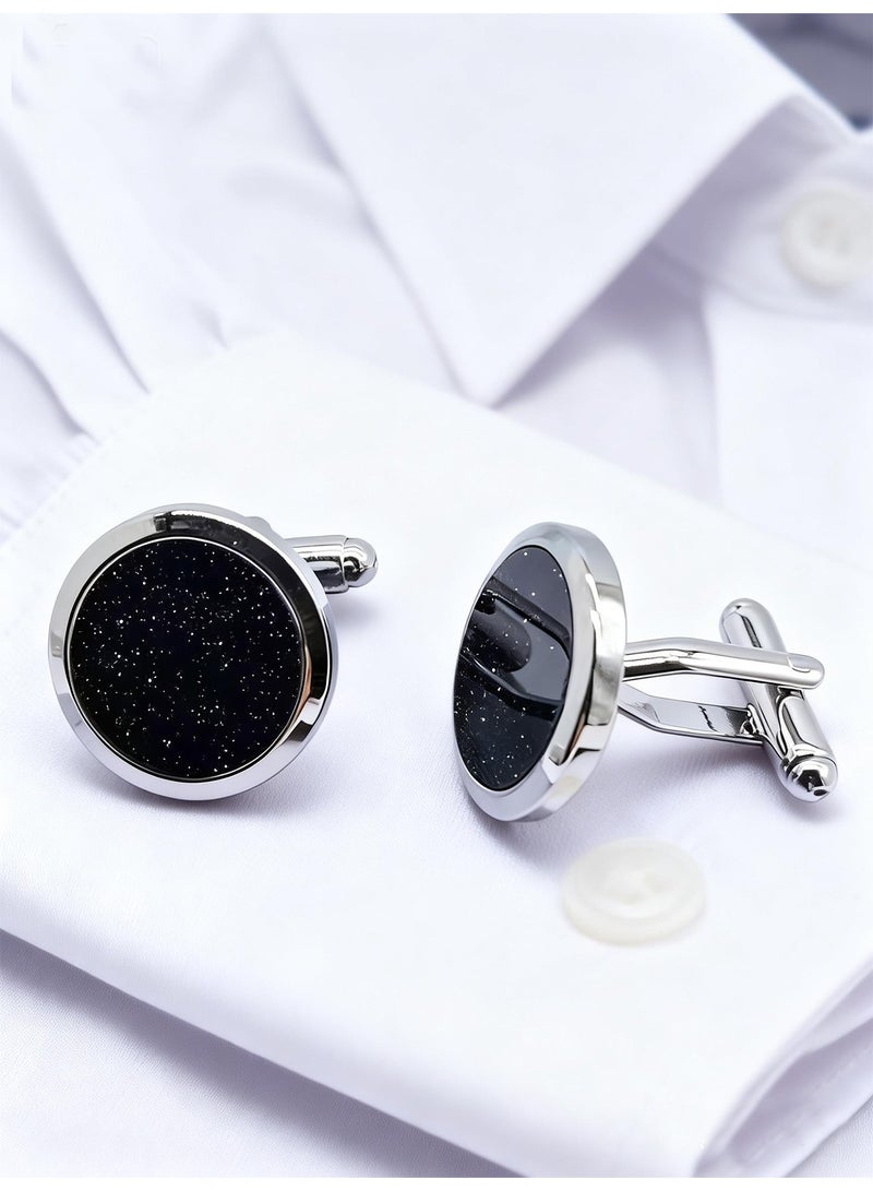 DB Innov. Cufflinks, Dark Blue Silver Frame Round Cufflinks, 2 PCS for One Set Premium Copper Jewelry Specially Design for Men's Shirt Wedding Business Gift with Delicate Package Box. - Image 1