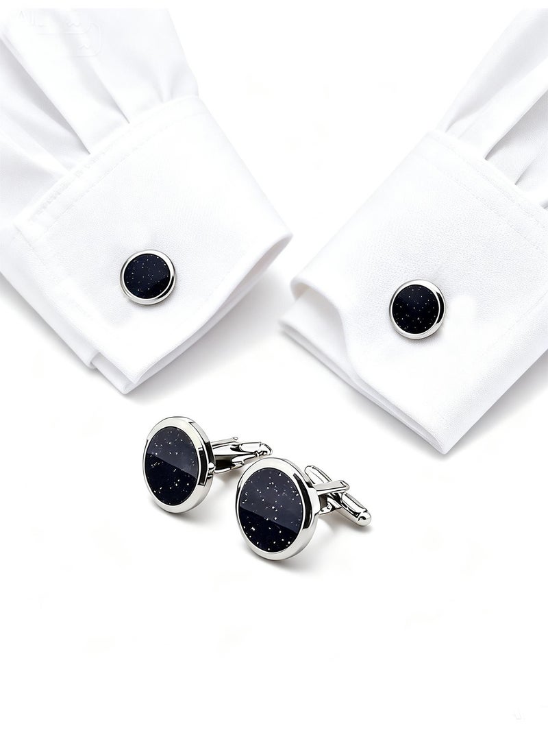 DB Innov. Cufflinks, Dark Blue Silver Frame Round Cufflinks, 2 PCS for One Set Premium Copper Jewelry Specially Design for Men's Shirt Wedding Business Gift with Delicate Package Box. - Image 3