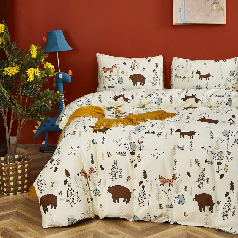 CLOTHKNOW Kids Twin Duvet Cover Set Animal Cartoon Bedding Sets Light Yellow Duvet Cover Twin Woodland Forest Fox Animal Bedding with 2 x Pillow Cases - Image 3