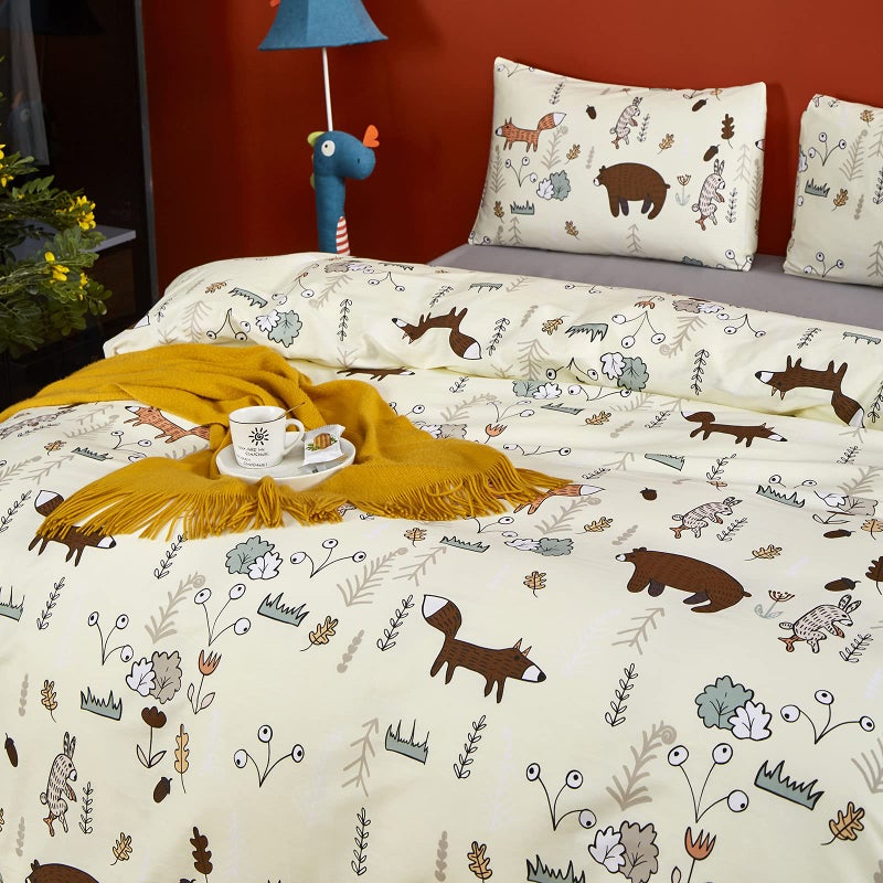 CLOTHKNOW Kids Twin Duvet Cover Set Animal Cartoon Bedding Sets Light Yellow Duvet Cover Twin Woodland Forest Fox Animal Bedding with 2 x Pillow Cases - Image 2