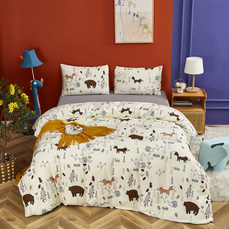 CLOTHKNOW Kids Twin Duvet Cover Set Animal Cartoon Bedding Sets Light Yellow Duvet Cover Twin Woodland Forest Fox Animal Bedding with 2 x Pillow Cases - Image 4