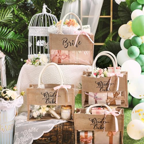 Locmeo 8 Pcs Bachelorette Beach Bag Bridal Party Tote Bag Bride Tribe Gifts with PVC Window for Bridesmaids Engagement Party Jute Brown - Image 3