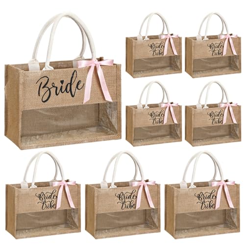 Locmeo 8 Pcs Bachelorette Beach Bag Bridal Party Tote Bag Bride Tribe Gifts with PVC Window for Bridesmaids Engagement Party Jute Brown - Image 1