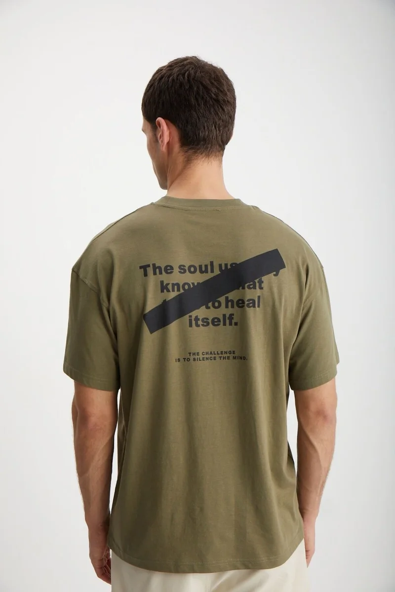 GRIMELANGE Mark Men's 100% Organic Cotton Front and Back Print Detail Thick Texture Oversize Khaki T-shirt
