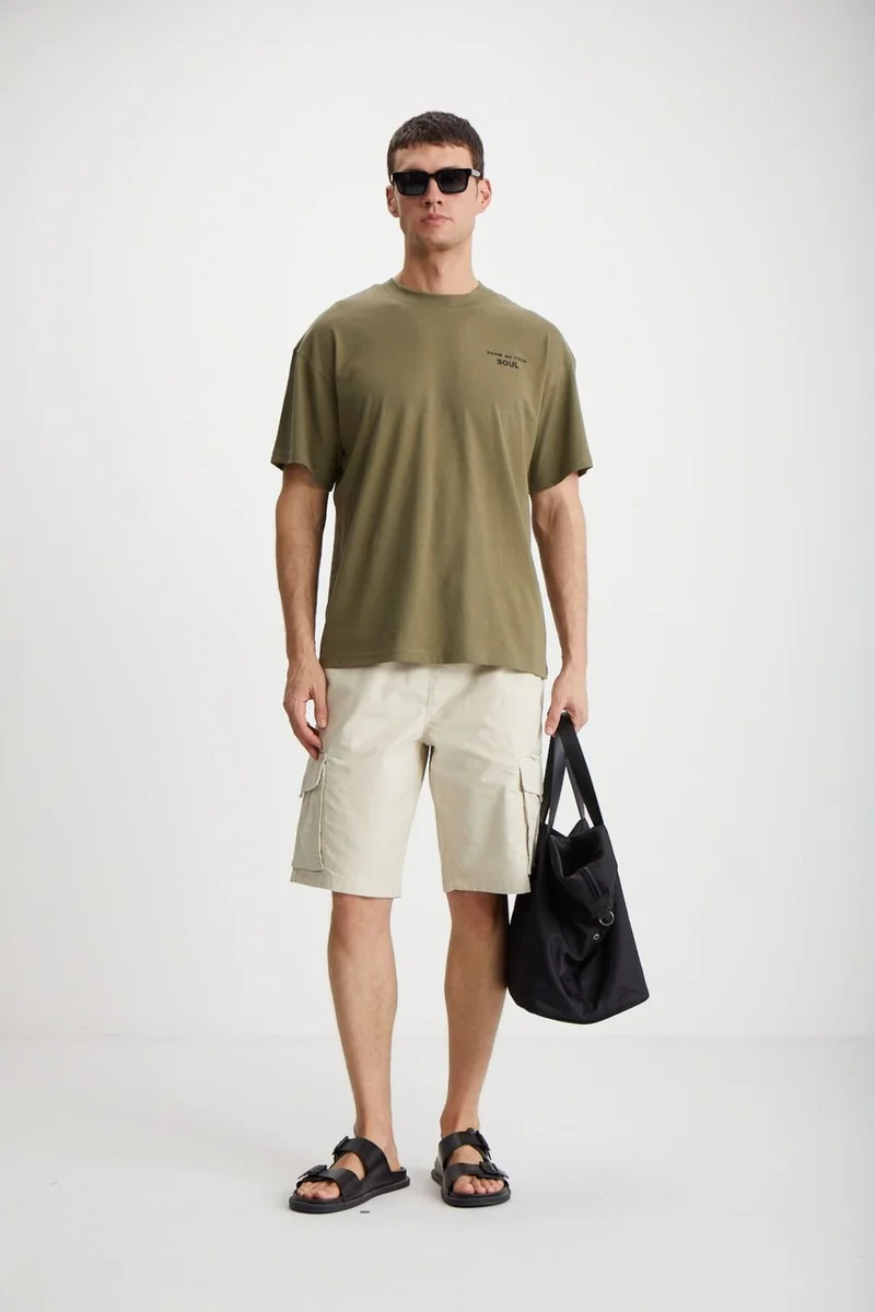 GRIMELANGE Mark Men's 100% Organic Cotton Front and Back Print Detail Thick Texture Oversize Khaki T-shirt