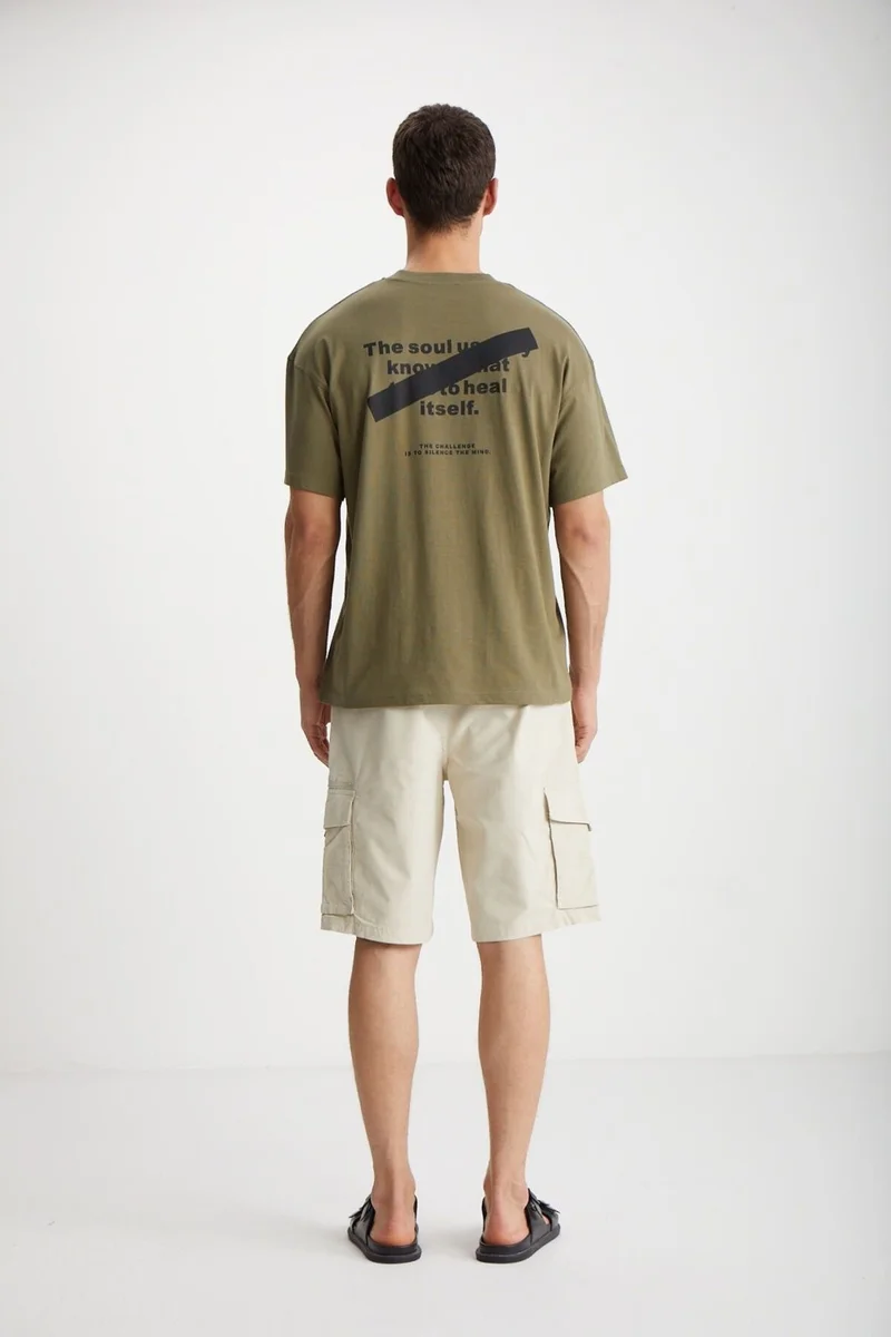 GRIMELANGE Mark Men's 100% Organic Cotton Front and Back Print Detail Thick Texture Oversize Khaki T-shirt
