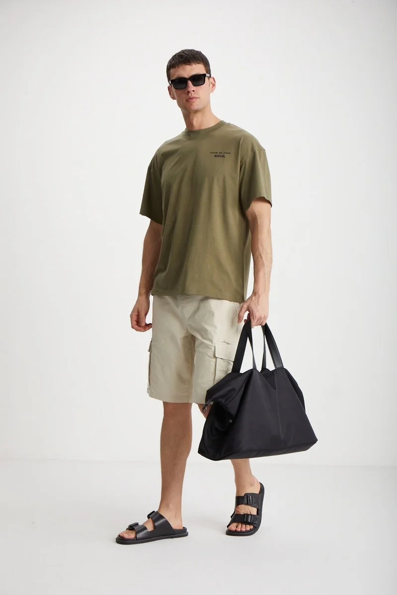 GRIMELANGE Mark Men's 100% Organic Cotton Front and Back Print Detail Thick Texture Oversize Khaki T-shirt