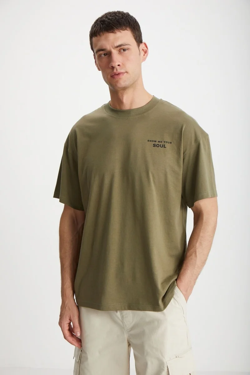 GRIMELANGE Mark Men's 100% Organic Cotton Front and Back Print Detail Thick Texture Oversize Khaki T-shirt