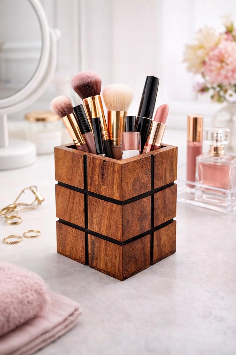 Hashcart Woode Pen & Pencil Holder For Desk - Pen Stand/Jar, Makeup, Toothbrush Organizer - Office/Home Table Decor (3x3 inch) - Image 2