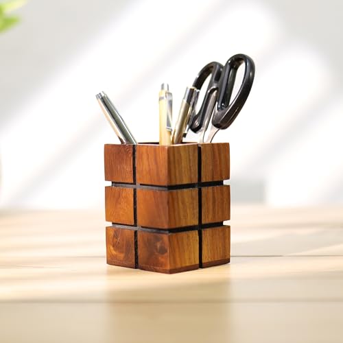 Hashcart Woode Pen & Pencil Holder For Desk - Pen Stand/Jar, Makeup, Toothbrush Organizer - Office/Home Table Decor (3x3 inch) - Image 1
