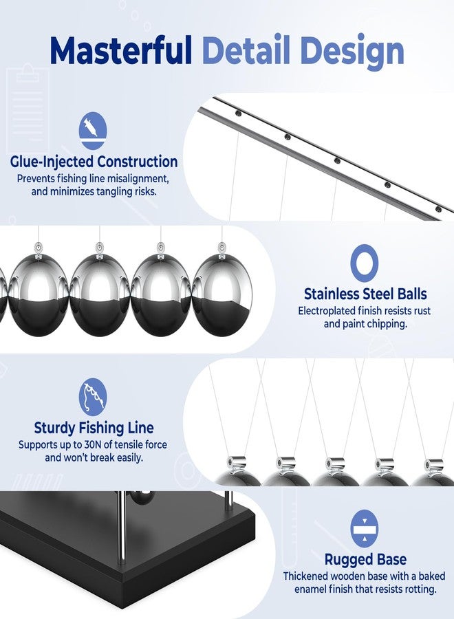Theefun Newtons Cradle Balance Pendulum 7 Beads Swinging Balls About 50 Sec Swing, Science Physics Toys Kinetic Steel Balls for Stress Relief, Wood Base, Desk Ornaments for Office Home - Image 4