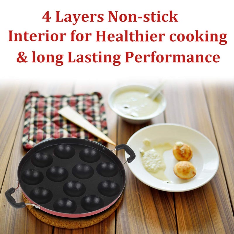 Mumma's LIFE Mumma's LIFE Non-Stick 12 Cavity Grill Appam Patra 2 Side Handle with Stainless Steel Lid | Appam Maker | Appam Patra | Appam pan | Litti Maker | Appe Stand Red (22 cm)  - Image 4