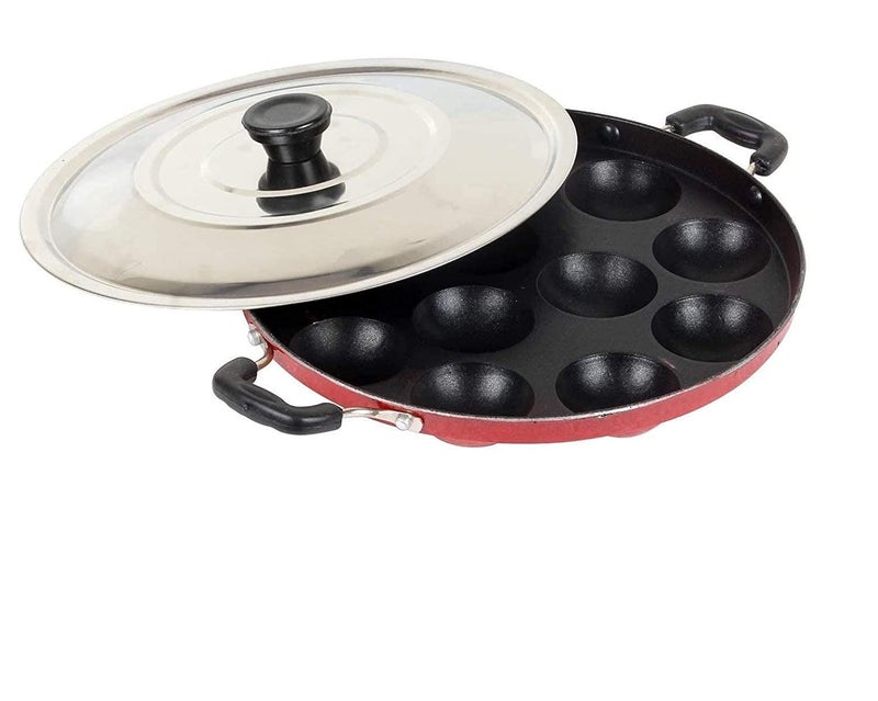 Mumma's LIFE Mumma's LIFE Non-Stick 12 Cavity Grill Appam Patra 2 Side Handle with Stainless Steel Lid | Appam Maker | Appam Patra | Appam pan | Litti Maker | Appe Stand Red (22 cm)  - Image 1