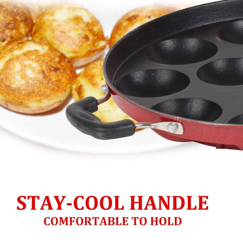 Mumma's LIFE Mumma's LIFE Non-Stick 12 Cavity Grill Appam Patra 2 Side Handle with Stainless Steel Lid | Appam Maker | Appam Patra | Appam pan | Litti Maker | Appe Stand Red (22 cm)  - Image 3