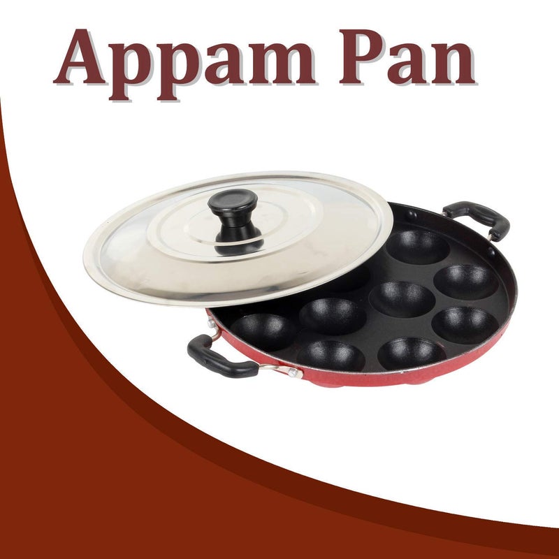 Mumma's LIFE Mumma's LIFE Non-Stick 12 Cavity Grill Appam Patra 2 Side Handle with Stainless Steel Lid | Appam Maker | Appam Patra | Appam pan | Litti Maker | Appe Stand Red (22 cm)  - Image 5