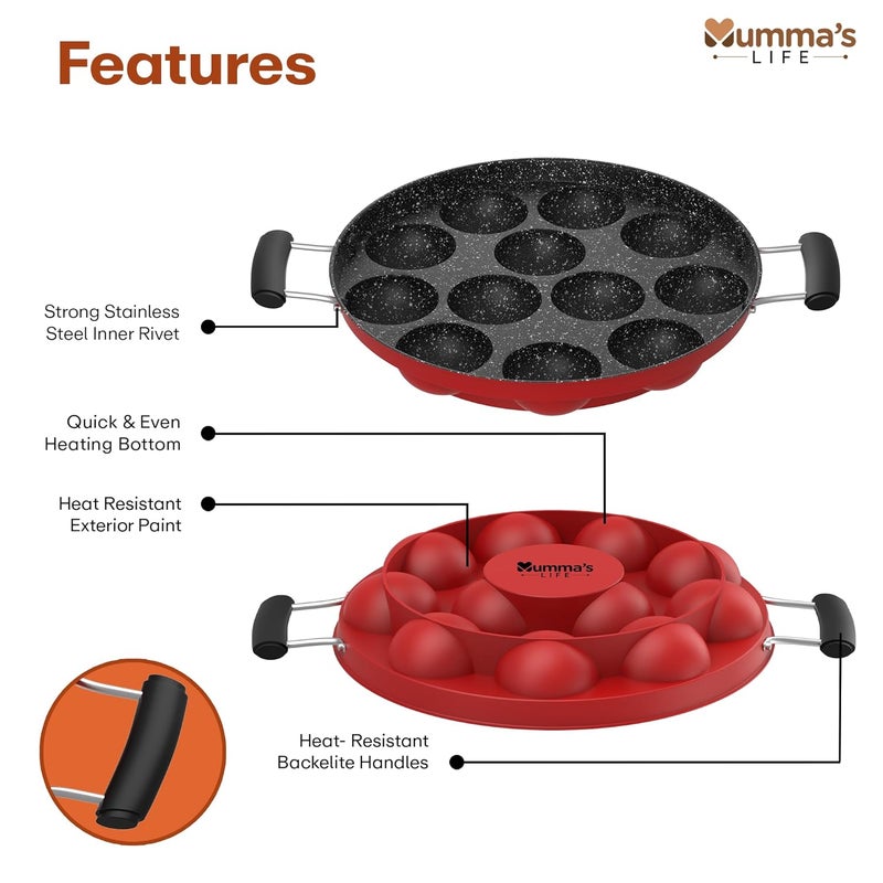 Mumma's LIFE Mumma's LIFE Non-Stick 12 Cavity Grill Appam Patra 2 Side Handle with Stainless Steel Lid | Appam Maker | Appam Patra | Appam pan | Litti Maker | Appe Stand Red (22 cm)  - Image 2
