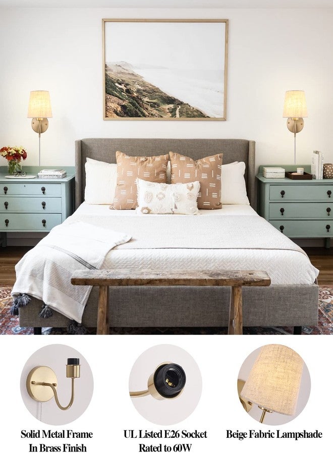 LASENCHOO Plug in Wall Sconces Set of Two, Modern Wall Lamp with Plug in Cord 6.56ft & On/Off Switch with Fabric Lampshade, Gold Sconces Wall Lighting Fixture for Bedroom Bedside Living Room Porch - Image 5