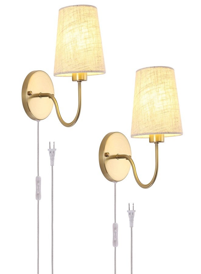 LASENCHOO Plug in Wall Sconces Set of Two, Modern Wall Lamp with Plug in Cord 6.56ft & On/Off Switch with Fabric Lampshade, Gold Sconces Wall Lighting Fixture for Bedroom Bedside Living Room Porch - Image 1