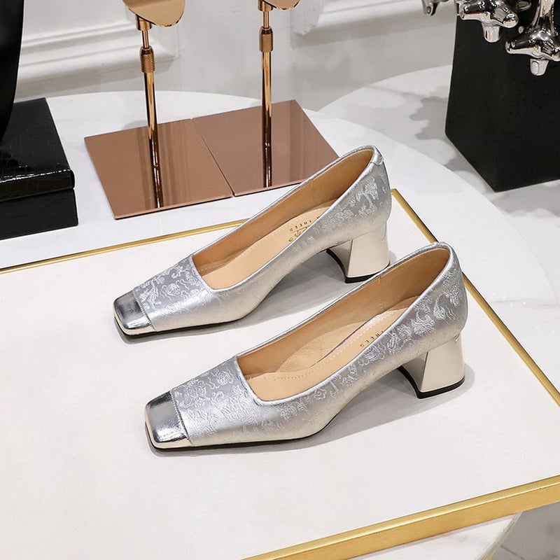Elegant Embroidered Block Heel Womens Fashion Pumps Silver 