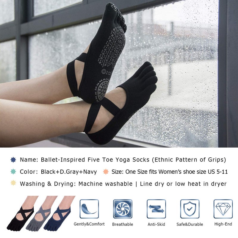 Ozaiic Yoga Socks for Women with Grips, Non-Slip Five Toe Socks for Pilates, Barre, Ballet, Fitness - Image 3
