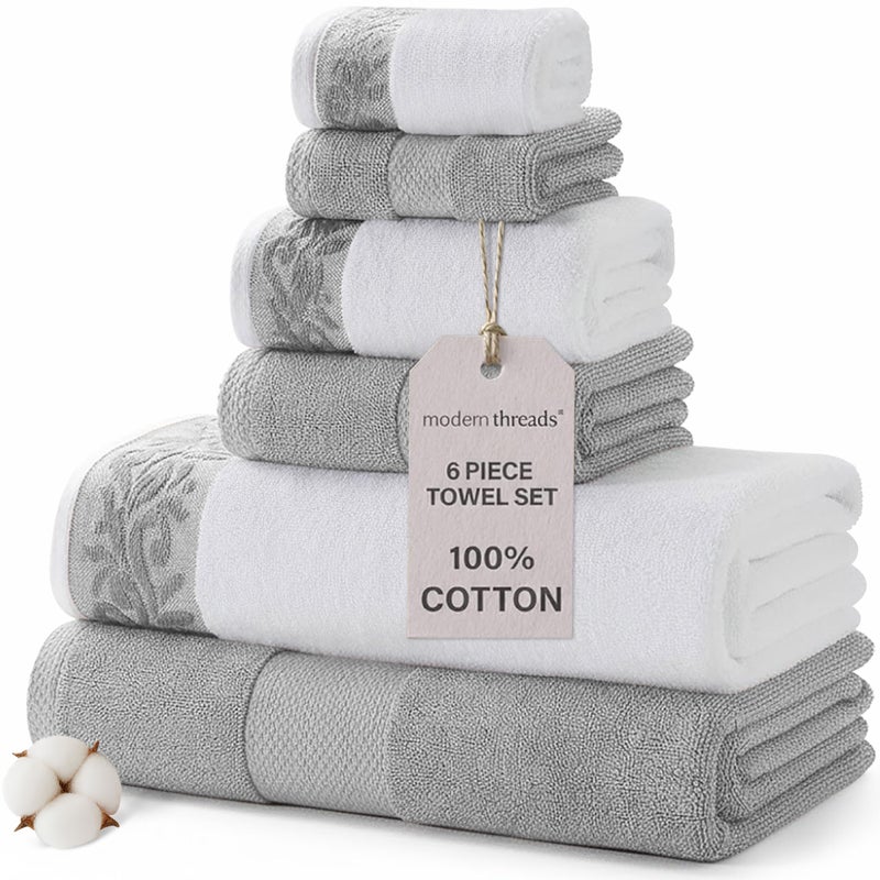 Modern Threads 600 GSM 6-Piece Towel Set with Filgree Jacquard Border, Silver - Image 1
