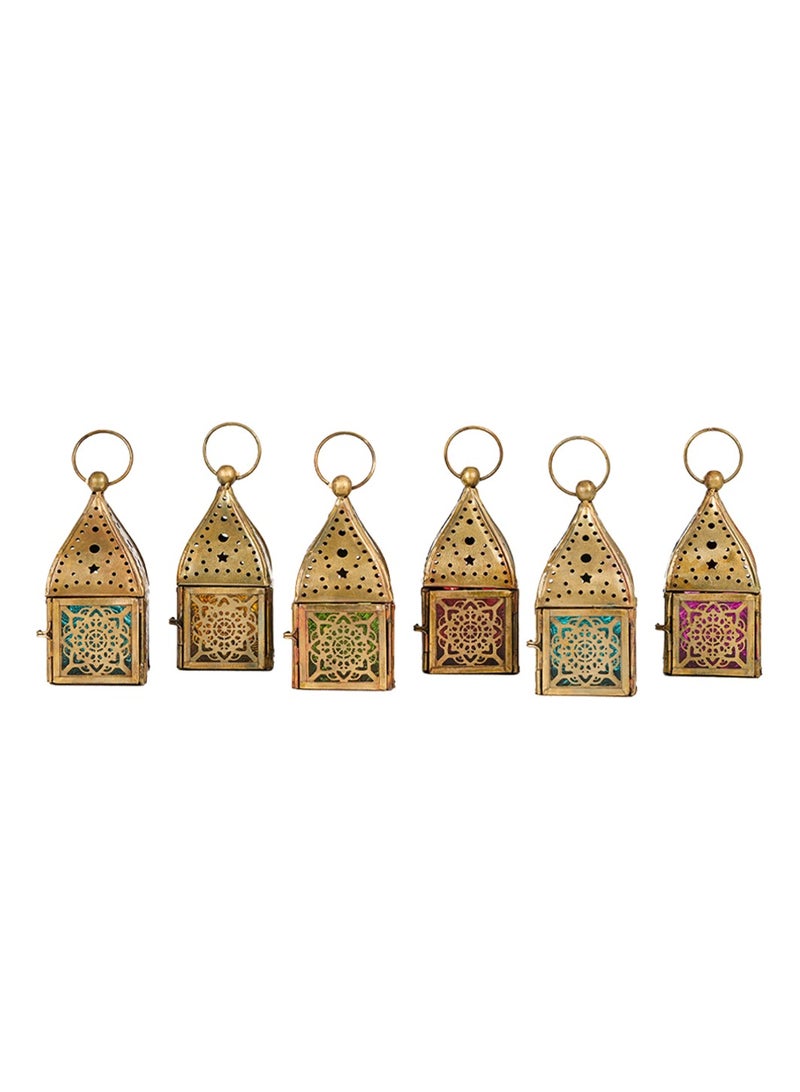Hilalful HilalFul Mini Brass Antique Style Decorative Candle Holder Lanterns - Multicolor Glass (Set of 6) | For Home Decor in Eid, Ramadan, Wedding | Living Room, Bedroom, Indoor, Outdoor Decoration  - Image 1