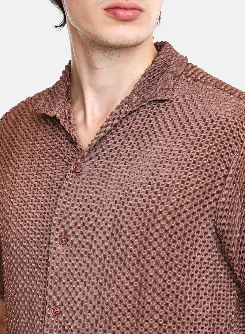 CAHOOT  Men's Chocolate Brown Puffy-Textured Shirt For Casual Wear | Cuban Collar | Short Sleeve | Button Closure | Shirt Crafted With Comfort Fit For Everyday Wear for Men | Best Price UAE