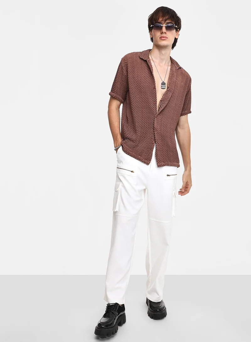 CAHOOT  Men's Chocolate Brown Puffy-Textured Shirt For Casual Wear | Cuban Collar | Short Sleeve | Button Closure | Shirt Crafted With Comfort Fit For Everyday Wear for Men | Best Price UAE