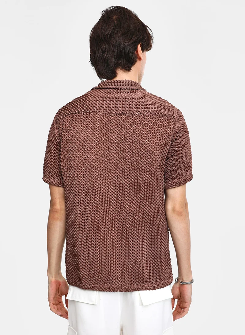 CAHOOT  Men's Chocolate Brown Puffy-Textured Shirt For Casual Wear | Cuban Collar | Short Sleeve | Button Closure | Shirt Crafted With Comfort Fit For Everyday Wear for Men | Best Price UAE