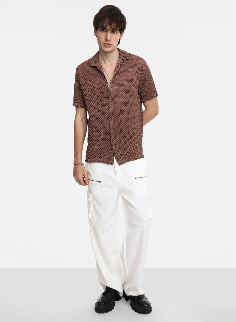 CAHOOT  Men's Chocolate Brown Puffy-Textured Shirt For Casual Wear | Cuban Collar | Short Sleeve | Button Closure | Shirt Crafted With Comfort Fit For Everyday Wear for Men | Best Price UAE